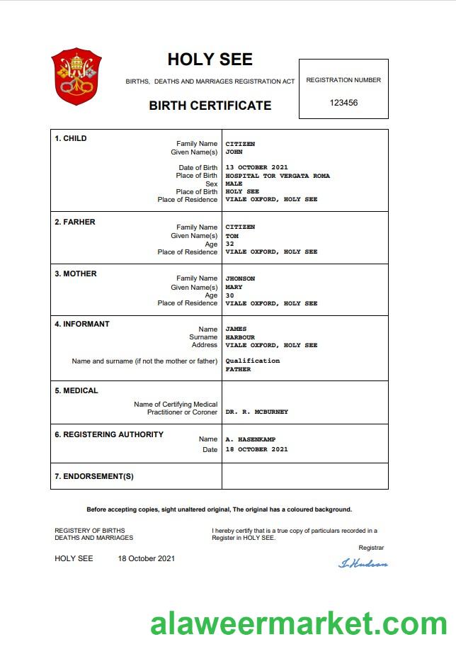 Holy See vital record birth certificate Word and PDF template